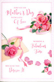 This Mother's Day card feels like a floral daydream captured on paper, echoing the softness of pink roses you might find in an artisan bouquet from an Oxford florist. The design is set against a bright, uncluttered white background, which allows the roses to become the star of the scene. At the centre, several fully open roses in shades of blush and medium pink cluster together, their petals overlapping in lush, spiralling layers that suggest a velvety texture. Around them, looser blooms and buds extend outward, creating a gentle diagonal sweep that guides the eye across the card. Delicate rose petals are scattered freely over the surface, as if they have drifted down naturally, leaving a trail of memories much like shared walks along the River Cherwell in spring. A soft ribbon in matching pastel tones weaves among the flowers, catching subtle highlights and shadows that make it appear lightly satin and touchable. Flowing, hand-style calligraphy overlays part of the design, curving around petals and spaces with a heartfelt Mother's Day message that feels intimate and sincere. The overall palette is warm and feminine, evoking a sense of comfort, gratitude, and quiet joy. Though no vase or setting is depicted, the image carries the atmosphere of a fresh bouquet resting on an Oxford windowsill, perhaps just delivered to a home in Summertown, ready to make Mum feel celebrated, cherished, and deeply appreciated.