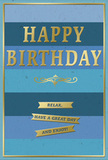 A serene blue and gold birthday card stands as the quiet centrepiece of the scene, its design suggesting a calm yet joyful celebration somewhere in Oxford, maybe on a windowsill overlooking the cobbled streets. The background is composed of wide, horizontal blue stripes that blend into one another in an ombré effect, moving from dark navy through rich ocean and teal to softer, lighter blue, like layers of sky reflected on the Isis. In the middle of this soothing backdrop, the words HAPPY BIRTHDAY rise in prominent, embossed gold letters, their polished foil glinting as it catches the light, providing a warm, celebratory contrast to the cool blues. Just below the main greeting, a fine golden flourish curves gracefully, adding a touch of timeless elegance to the design. Beneath this sits a trio of slender gold banners, each one carrying a portion of the friendly sentiment: Relax, have a great day and enjoy! Together, the elements feel balanced and carefully considered. A thin gold line runs close to the outer edges of the card, framing the scene with a sense of order and refinement. The overall mood is one of relaxed festivity, as if the card is gently encouraging the recipient to step back from everyday busyness in Summertown, Cowley, or along the Banbury Road and simply enjoy their special day. It is easy to imagine this card paired with a fresh bouquet, quietly brightening a kitchen table or study desk, the blue tones calming and the gold accents radiating soft birthday joy.