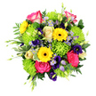 The photograph captures a joyful mixed bouquet set against a crisp white background, the kind of hand-crafted arrangement you might imagine being prepared in a cosy Oxford flower shop before heading out for same-day delivery across places like Botley and East Oxford. At the heart of the design, hot pink roses edged in soft white open luxuriously, each layered petal creating a velvety swirl of colour that immediately commands attention. Framing these are bright yellow gerbera daisies, their dark brown centres and radiating petals suggesting little bursts of sunshine that brighten the entire composition. Nestled close, neat lime green button chrysanthemums add a soft, tactile texture, their rounded forms lending a playful, almost fluffy quality that contrasts beautifully with the flat, daisy-like gerberas. Dotted throughout, dainty lavender-blue aster-style flowers and slightly deeper purple, bell-shaped blooms-reminiscent of lisianthus-create cool threads of colour that slip between the warmer tones, adding depth and a sense of calm balance. The flowers are wrapped in a generous bed of foliage: some leaves are broad and glossy, others finely cut like ferns, with a few variegated leaves whose pale edges echo the soft shading on the roses. A handful of slender buds and young shoots extend beyond the main outline of the bouquet, giving it a natural, just-picked character, as though gathered from a well-kept Oxford garden near South Park. The bright, even lighting enhances the vivid pinks, yellows, greens, and purples, emphasising freshness and detail without overpowering glare. Altogether, the bouquet radiates happiness and care, perfect for birthdays, thank-you gestures, or sending a gentle note of encouragement to someone special in the city.