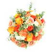Captured from directly above against a bright white background, this bouquet appears as a generous, glowing circle of warm colour, carefully composed to feel both luxurious and inviting. The most striking elements are the clusters of golden-yellow and tangerine roses, their petals unfolding in neat spirals that transition from deeper orange at the centre to softer, sunlit tones at the edges, like tiny echoes of an Oxfordshire sunset. Between them, soft peach carnations spill their finely ruffled petals, adding volume and a plush, fabric-like texture that contrasts beautifully with the smoothness of the rose blooms. Creamy-white and very pale green filler flowers are tucked thoughtfully throughout, catching the light and bringing a fresh, airy brightness that prevents the design from ever feeling heavy. Playful gerbera daisies, mainly in peach and light orange with a hint of pink at some centres, stretch their flat petals outward in perfect circles, each one a cheerful focal point that naturally draws the gaze. Threaded through the arrangement are sprigs of eucalyptus, their bluish-silver, rounded leaves extending slightly beyond the blooms, adding a cool, misty counterpoint to the overwhelmingly warm palette and suggesting a clean, invigorating fragrance. The lighting is even and soft, casting minimal shadow so that every shade and petal contour is clearly defined against the white ground. The bouquet looks like it has just been arranged on a workbench in an Oxford florist's studio, ready to be hand-delivered across areas like Iffley, Kidlington, or central Oxford. It evokes celebrations, heartfelt thanks, or a simple wish to bring a beam of joy into someone's home, carrying with it a sense of careful craftsmanship and genuine warmth.