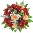This radiant floral arrangement, inspired by the botanical vibrancy of Oxford's riverbanks and crafted near the Covered Market, radiates warmth and refined elegance. The heart of the bouquet features apricot-tinged roses, their velvety petals unfolding in generous spirals, surrounded by velvety deep red chrysanthemums that punctuate the piece with richness and depth. Small, romantic red roses are tucked among the larger blooms, lending further sophistication. Dainty clouds of white gypsophila dance in the spaces between, bringing airiness reminiscent of spring mornings along the Thames Path. Sculptural green foliage-shining camellia, broad salal, and hints of eucalyptus-forms a polished, enveloping frame, while decorative folded leaves create moments of visual drama. Sprigs resembling protea buds or unusual pods offer subtle layers of intrigue and texture, recalling nature's wildness just outside the city's heart. In soft morning or afternoon light, every colour appears distinctly vivid, from the lush greens through crisp whites, deep reds, and peachy blooms. The bouquet exudes celebration and affection-a beautiful gesture for birthdays, anniversaries, or as a thoughtful delivery across Oxford. Each element is evidence of the artistry and care that local florists bring to their craft, creating comfort and delight for every occasion.