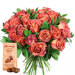 Presented in a crisp white setting that lets every vibrant element stand out, this luxurious gift set brings together the grace of a hand-tied bouquet and the irresistible appeal of gourmet chocolates-crafted with the distinctive skill of Oxford's floristry experts. The bouquet commands attention, filled with approximately two dozen roses in delightful hues: each blossom's heart begins with mellowness-creamy yellow, gentle peach-radiating outward into deep coral, salmon, and romantic blush tones that evoke Oxford's golden hour along the Isis. The petals, some tightly wrapped while others unfurl in ruffled layers, catch the light with their velvety softness, while rich dark green foliage intersperses throughout, mirroring the mature trees lining University Parks. At the lower left and slightly forward, a Thorntons Orange Crisp chocolate pouch stands upright, its light beige shade and confident branding familiar to Oxford locals. Next to the pouch, two individual Thorntons truffles, glossy and perfectly rounded, offer a visual promise of tangy orange flavor blended with crispy wafer beneath their luscious milk chocolate shells. This composition could celebrate a milestone exam result, a romantic day among the spires, or a thoughtful gesture sent with love to any corner of Oxford. The clean backdrop ensures every shade and texture is distinct, spotlighting the craftsmanship and elegant indulgence that define Oxford's finest gifting occasions.