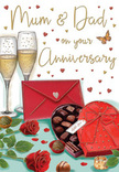 This anniversary card illustration feels like a gentle vignette from an Oxford evening, the kind of intimate scene you might imagine unfolding in a snug sitting room off Cowley Road or near Christ Church Meadow. At the centre, two slender champagne flutes stand close together, their clear glass reflecting soft, amber-toned light. They are filled with pale golden champagne, bubbles suspended in mid-flight as if echoing the laughter of a couple about to raise a toast. Beside them rests a heart-shaped box of chocolates, lavishly coloured in deep red and tied with an extravagant satin bow. The lid is opened to reveal glossy chocolates neatly tucked in rows, their rounded shapes inviting slow, shared indulgence. In the foreground, two rich red roses lie casually yet purposefully across the table, their velvety petals and glossy green leaves illustrated with the same care a florist uses when choosing a bouquet for an anniversary delivery in Oxford. Scattered chocolates add a playful touch, as though the box has been rummaged through in contented enjoyment. A vivid scarlet envelope, sealed with a small heart motif, hints at loving words written in a familiar hand, perhaps from children thanking Mum and Dad for years of kindness. The background is warmed by a gentle, glowing tone, sprinkled with tiny golden and crimson hearts that swirl around handwritten anniversary greetings. Every element-from the soft shine on the glass to the richness of the roses-contributes to a feeling of enduring affection. It is a scene that honours the steady, everyday romance of long-term love, set against the quiet charm of life in Oxford.