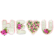 A carefully sculpted floral message reads H E (heart) U across a crisp white backdrop, each character crafted with the calm precision of a memorial or tender dedication. The H, E and U are built from a dense carpet of pure white chrysanthemums, their tiny petals packed closely to create a soft, pillowy texture that catches gentle studio light and conveys quiet serenity. Each letter is edged in a ruffled blush pink satin ribbon that adds a whisper of warmth and a tactile contrast to the cool white blooms. Bright fuchsia roses punctuate the composition: a compact cluster at the base of the H, a trio set along the middle arm of the E, and a small spray tucked into the inside curve of the U, each surrounded by deep green, fern like foliage and a scattering of tiny red berries that add depth, shadow and a hint of natural scent. The heart at centre replaces a simple letter and is full and generous, composed of soft pink carnations and delicate blush lisianthus or smaller roses, interwoven with pale green eucalyptus leaves that lend a fresh, silvery aroma and breath of colour. The arrangement feels both intimate and formal, suited to a funeral tribute, a celebration of life or a profoundly personal anniversary declaration. As a local florist might say, this piece reads as a handcrafted message of love and remembrance, its white to pink palette suggesting purity, affection and enduring memory. The overall effect is a balanced, elegant statement that carries both visual clarity for the viewer and comforting symbolism for those nearby.